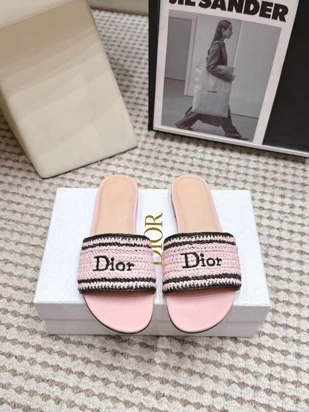 Dior Pink Raffia Knit Logo Flat Slide Sandals